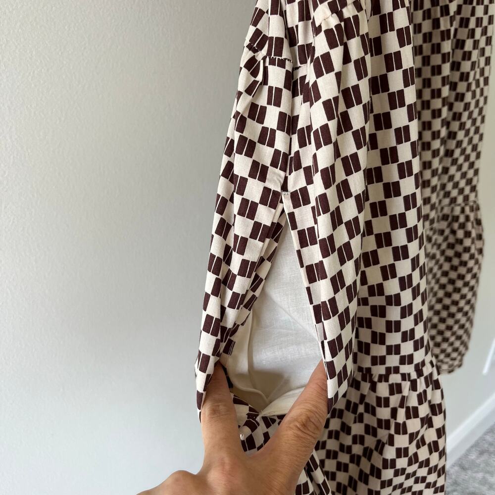Abercrombie & Fitch Angel Sleeve Trapeze Mini Dress Brown Checkered Size Medium - Picture 12 of 14